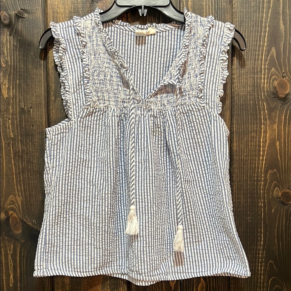 Joie Seersucker Blouse‎ M Ruffle Blue White Stripes Tassel Strings Boho Smocked